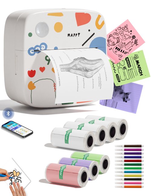 Sticker Printer Print Pod, Mini Portable Printers with 8 Rolls Paper, Inkless Sticker Maker Bluetooth Pocket Printer for Organization,DIY,Crafts,Journal,Study,Work,Label Compatible Phone&Tablet White