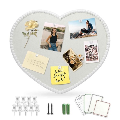 Large Heart Cork Bulletin Board with Linen, 24x19 Inch White Wood Frame Cute Picture Pin Board, Decorative Vision Board for Home Office, Study, Bedroom and Dormitory