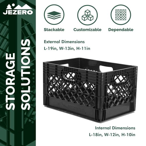 JEZERO Milk Crate for Household Storage: The Ultimate Storage Tote for Groceries, Garages, Kayaking & Outdoor, Stackable Storage | Black, Rectangle, Single, 13" x 11" x 19”