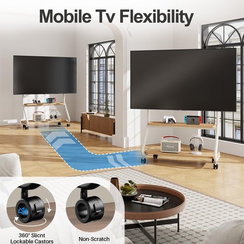 Easel Rolling TV Stand Mobile TV Cart with Wheels for 32"-75" TVs, Heavy Duty Floor TV Stand with 2-Tier Storage Shelf and Hole Platform, TV Mount Stand for Living Room, Bedroom, Holds Up to 110lbs