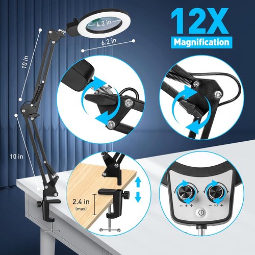 KIRKAS 12X Magnifying Glass - Lighted Stand Magnifier with Real Glass Lens & Stepless Dimming | 9.06" Base & Clamp