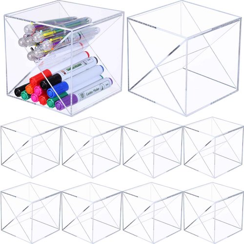 Kosiz 12 Pcs Back to School Stackable Pen Organizer 5.12 Inch Marker Pen Clear Holder Stackable Cube Organizer Removable Divider Acrylic Holder for Office Desk Desktop Storage