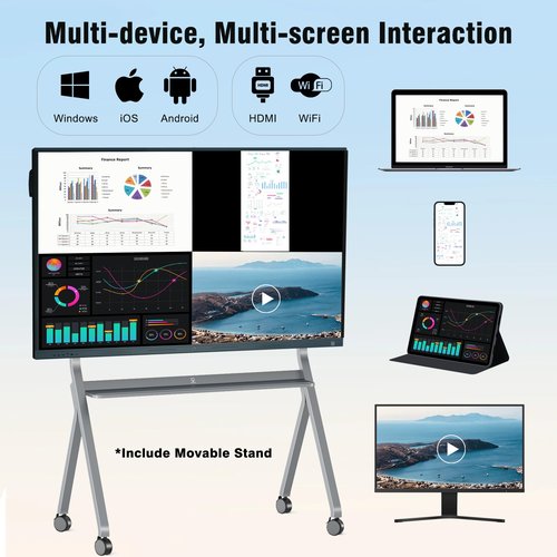LINGHUFOX 75'' Interactive Whiteboard, 4K Touchscreen Smart Whiteboard with Built-in Dual System Windows 16+256G and Android 14, Smart Board for Classroom and Business(Board+Wall Mount+Movable Stand)