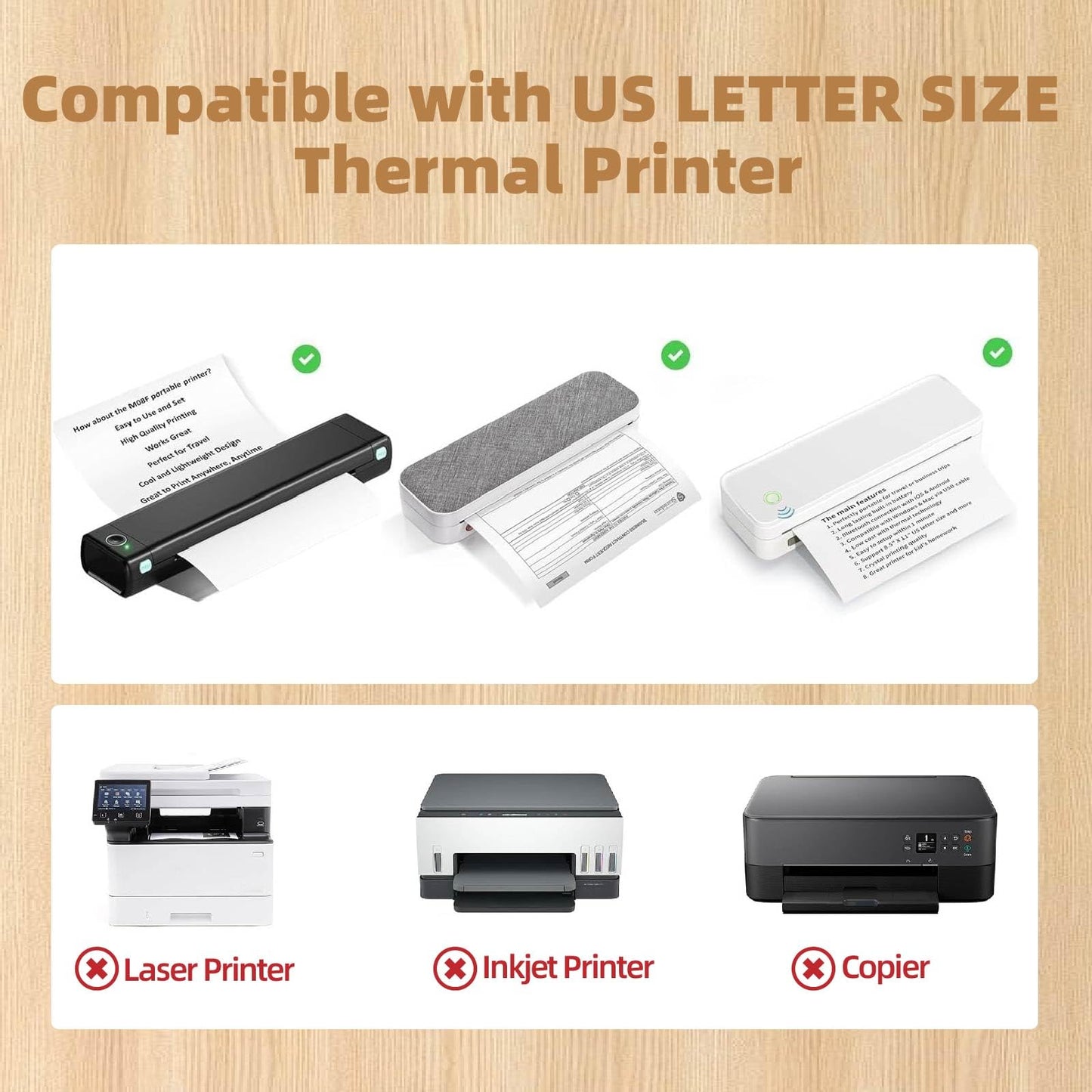 Inkless Printer Paper 8.5 x 11, HUOJI US Letter Size Thermal Printer Paper, 100 Sheets Thermal Printing Paper Compatible with M834, A285M Portable Printer