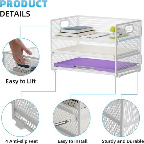 Marbrasse 3-Tier Paper Organizer | Mesh File Tray with Handle for Home Office - Pink, 2-Pack