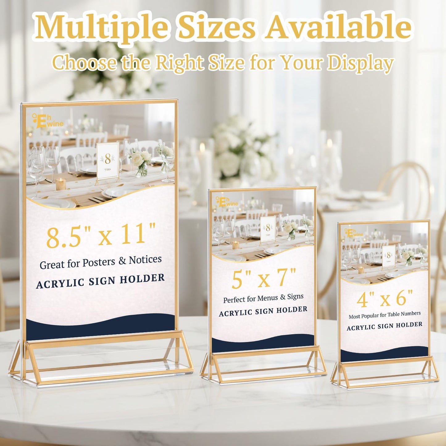 EHWINE 8 Pack 4×6 Clear Acrylic Sign Holder with Gold Borders and Vertical Stand, Double Sided Table Menu Holders Picture Frames for Wedding Table Numbers, Restaurant Signs, Photos and Art Display