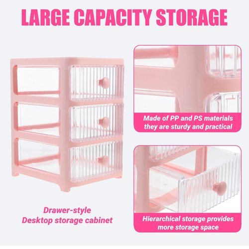 Clipore Desktop Drawers Organizer，3 Tier Pink Plastic Storage Box, Multi-Function Desk Organizer for Office, Home，Bedroom, Send Goods from Local Warehouse