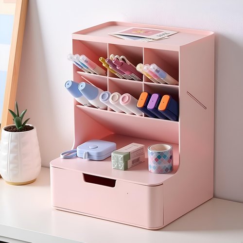 Saikvi Desk Organizer with Drawer Pink Pen Holder Workspace Organizers Office Desk Accessories and Workspace Organizers for Home Office Organization