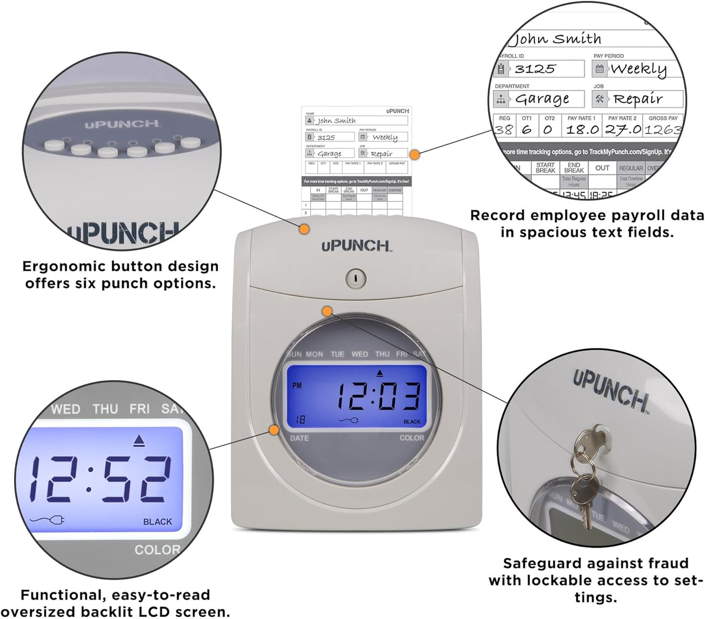 uPunch HN2500 Time Clock Bundle - Automatic Employee Time Tracking System with 100 Cards & Keys