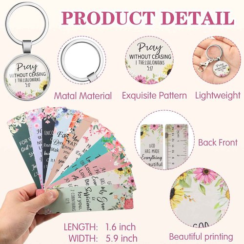 Jetec 150 Bible Verses Gift Set for 30 Christian Bookmarks 30 Scripture Ballpoint Pens 30 Christian Notebooks 30 Bible Verse Keychain 30 White Organza Bags for Women Men Office Church(Flower)
