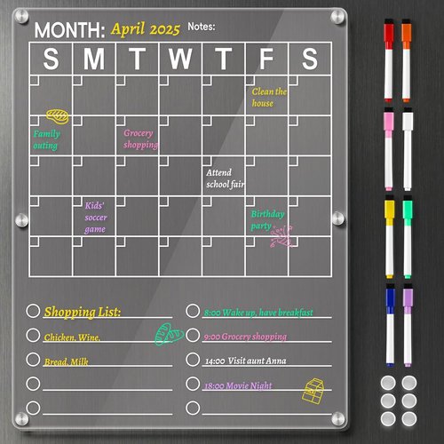 Large Acrylic Magnetic Calendar by [Brand Name] - 2-in-1 Clear Fridge Planner with To-Do List & 8 Color Markers | 14.5'' x 11.5''