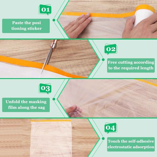 KUANVE 12 Pack Tape and Drape, 3 Sizes Pre-Taped Masking Film Plastic Sheeting Cover Roll, 65.6 Ft/Pack Automotive Painters Masking Tape Film for Furniture, Floor, Skirting