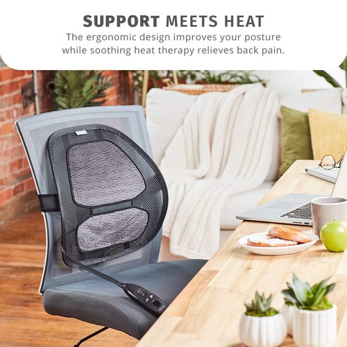 HoMedics Contouring Back Support, Ergonomic Design, 6 Electric Heat Settings with 2-Hour Shutoff, Heat Therapy for Back Pain Relief, Adjustable for Office or Home Chair