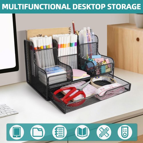 Essovee Black Mesh Desk Organizer Caddy and Accessories with 7 Compartments, Mesh Multifunctional Desktop Accessories Organizers Office Supplies Desktop Organizer for Home, Office
