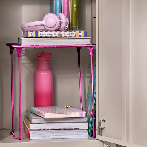 LockerMate Stac-A-Shelf Locker Organizer Shelf, Stackable, Extra Tall, Fits Standard Size School Lockers, Pink