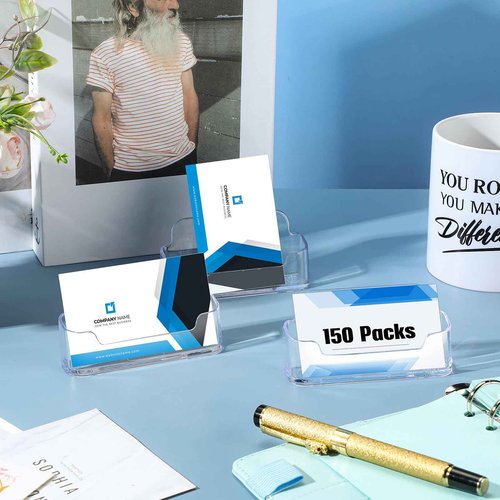 150 Pcs Plastic Business Card Holder for Desk Transparent Acrylic Clear Business Card Display Holder Stand for Exhibition Desktop Office Home Supplies Fits 30-50 Sheets
