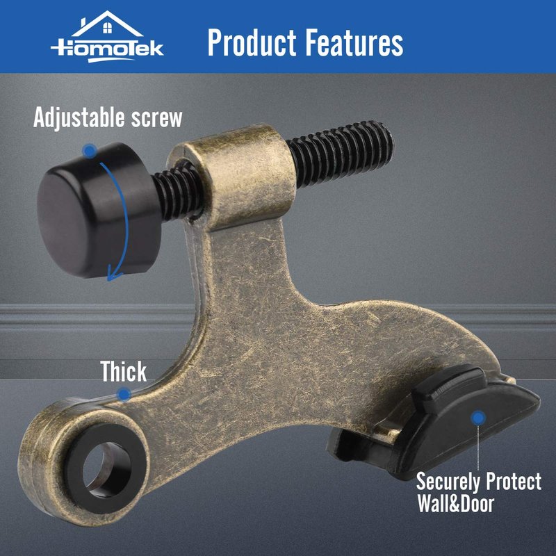 HOMOTEK 6 Pack Hinge Pin Antique Brass Door Stopper, Adjustable Deluxe Heavy Duty Door Stopper 2-1/2"x1-3/4”, with Black Rubber Bumper Tips