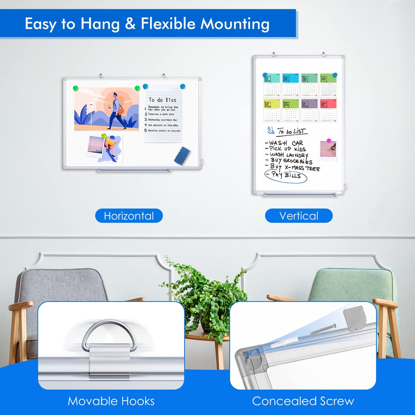 Magnetic White Board for Wall, 24" x 18" Dry Erase Board Hanging Whiteboard with Aluminum Frame for Office Home, Includes 1 Eraser & 3 Markers & 6 Magnets