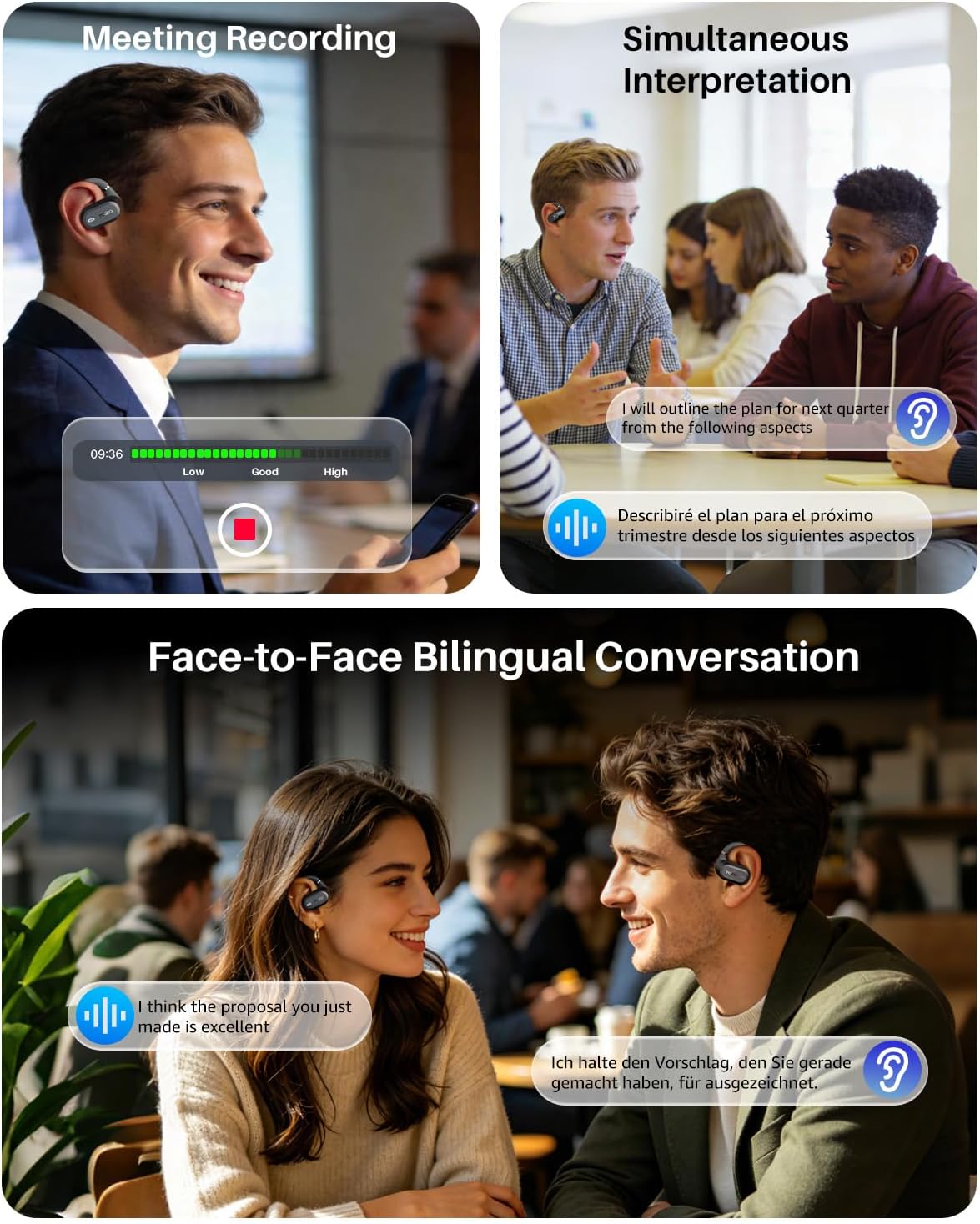 TOZO OpenWear AI Translation Earbuds - Real-Time 145+ Languages, 60H Battery Life, Bluetooth 5.4