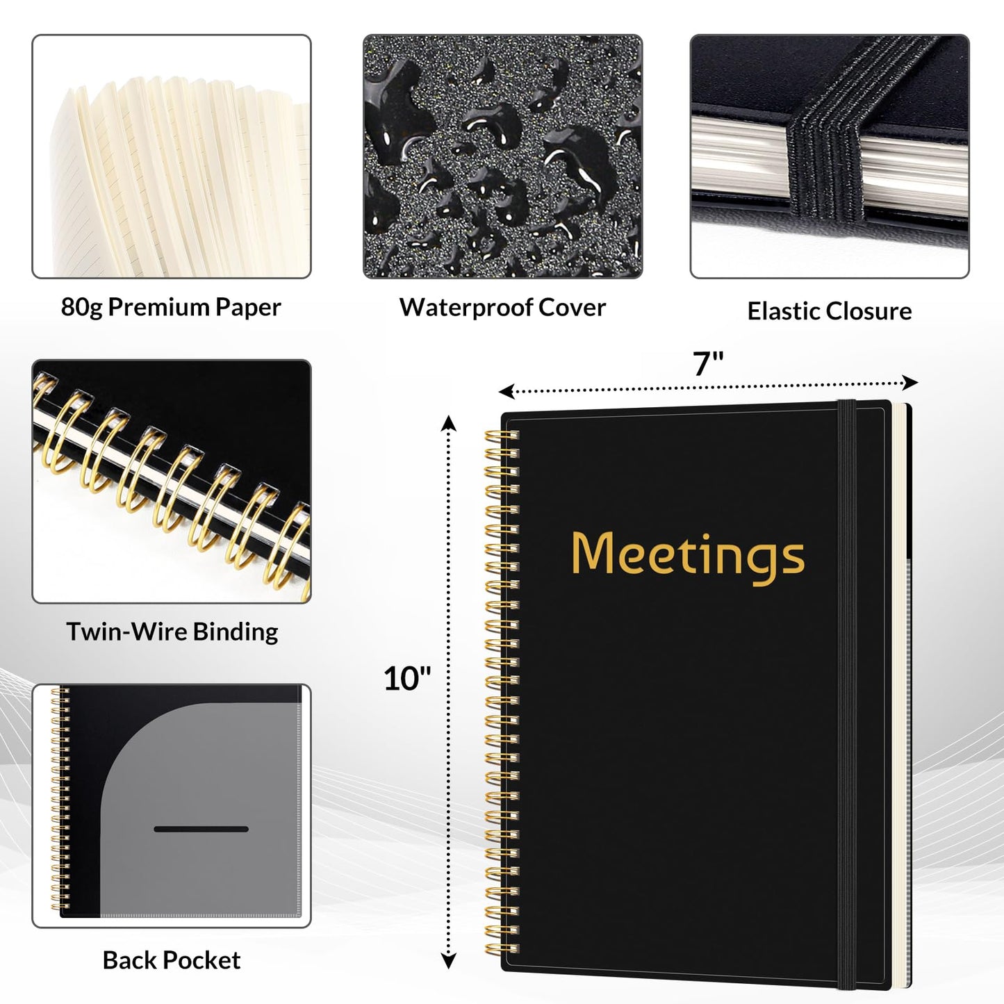SUNEE Half Meeting Half Note 7"x10" Notebook for Work – 140 Pages, B5 Size Project Planner for Women&Men, Minutes Organizer for Meeting Notes, Ideas for Office/Business, PVC Waterproof Cover, Black