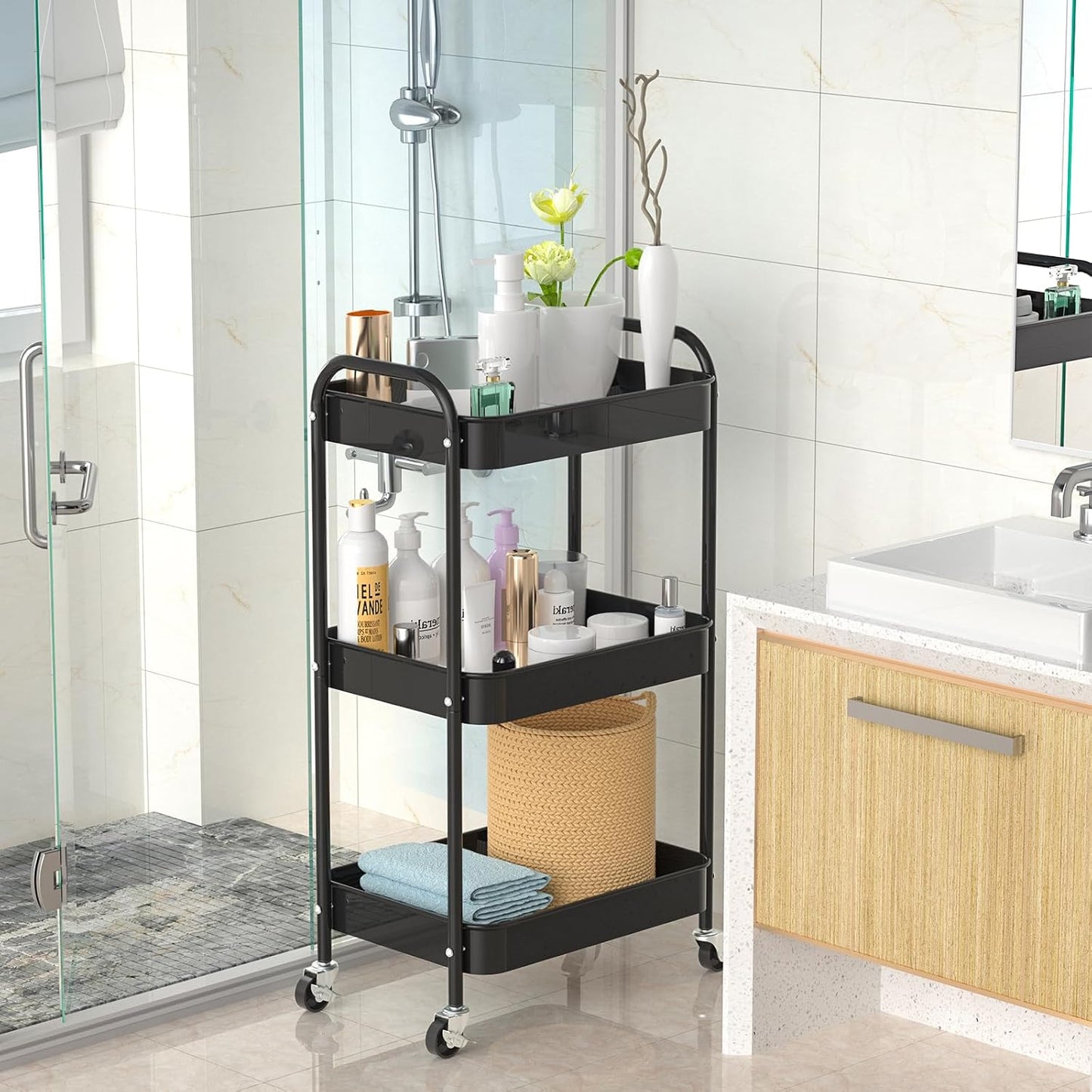 3-Tier Rolling Metal Storage Cart - Multi-Functional Organizer with Wheels for Office, Kitchen, Bathroom | Easy Assembly (Black)
