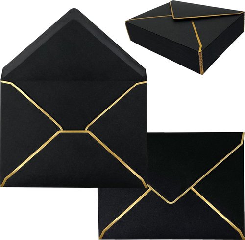 Regine Switzerland 50 Pack 5x7 Self-Adhesive Envelopes - Gold Border V-Flap for Invitations & Cards (Black)