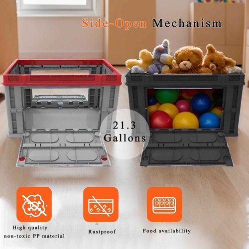 flowmultiply Collapsible Utility Crate, Expanded Dimensions(21.3Gal), Side-Opening Storage Bins, Plastic Stackable Containers, Use It As Kids Toy Box,Laundry Basket, Food Storage, Etc (2PK-Black)