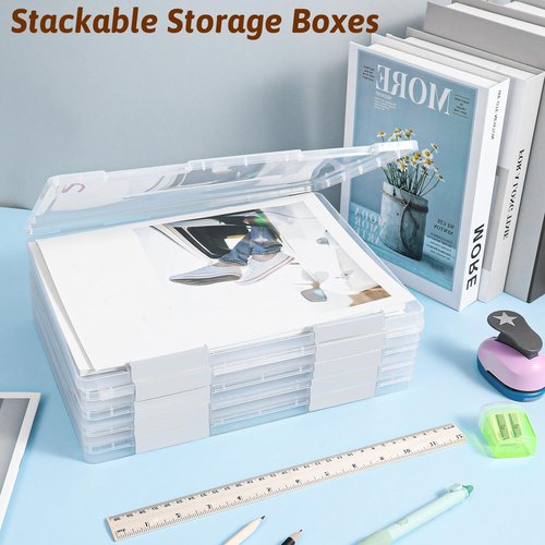Meyeyaia 8Pcs A4 File Portable Project Case Transparent Plastic Storage Box with Buckle Thick Scrapbook Paper Storage Box for 8.5 X 11 Paper Document File Organizer Boxes Office School Supplies