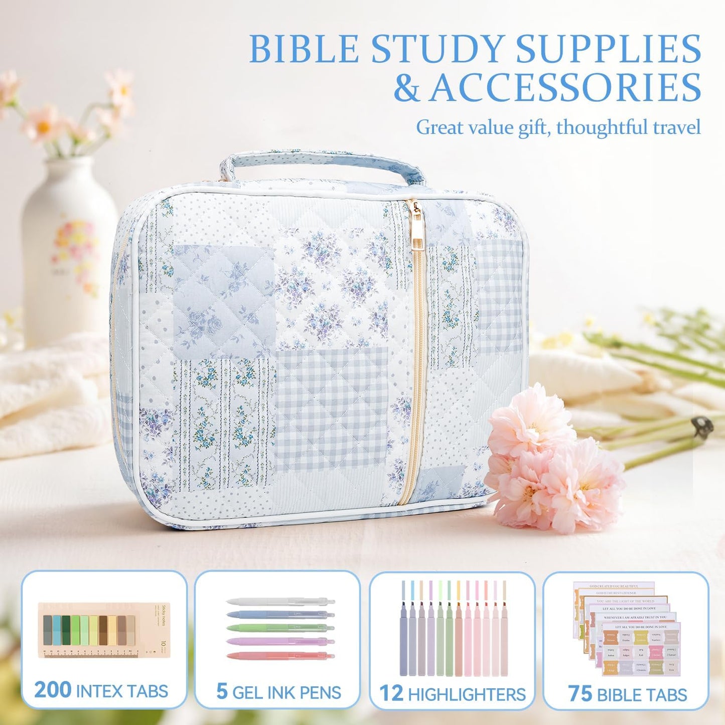 Skiennix Bible Cover Case for Women - Large Quilted Carrying Bag with Handles | Cotton Blue Patchwork, M