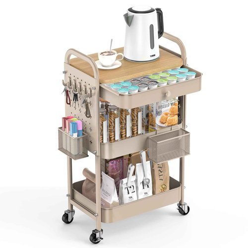 ALVOROG Rolling Cart with Drawer and Wood Table Top, 3 Tier Metal Rolling Utility Cart on Wheels with DIY Pegboards, Hanging Baskets, Hooks for Kitchen, Bedroom, Office, Craft Supplies