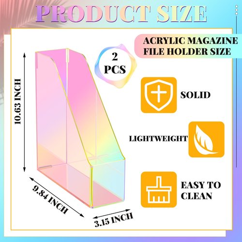 Engrowtic 2 Pcs Iridescent Vertical Magazine File Holder Acrylic Magazine Holder Storage Magazine Organizer Plastic Clear Acrylic Magazine Rack for Office Classroom Home Document Paper Book Collection