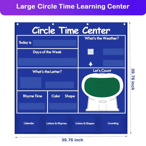 Klyrith Circle Time Learning Center Classroom Pocket Chart, Educational Teaching Materials with Cards for Preschool, Learning Calendar Weather Letter Rhyme Color Shape Counting Number etc, Blue