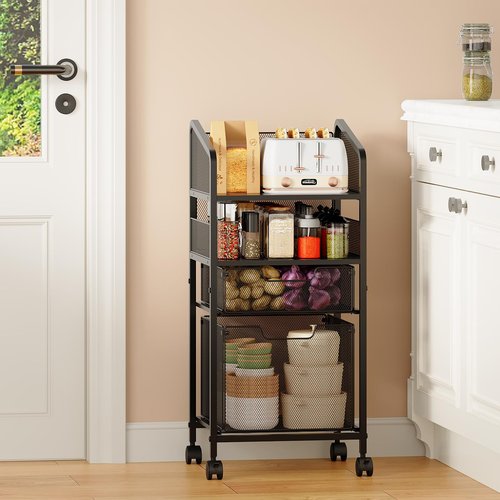 4-Tier Rolling Kitchen Storage Cart-Fruit Vegetable Storage Cart with 2 Drawers,Pantry Organizer Snack Containers with Wheels,Kitchen Utility Cart with DIY Divider for Fruits Vegetables Snacks Breads