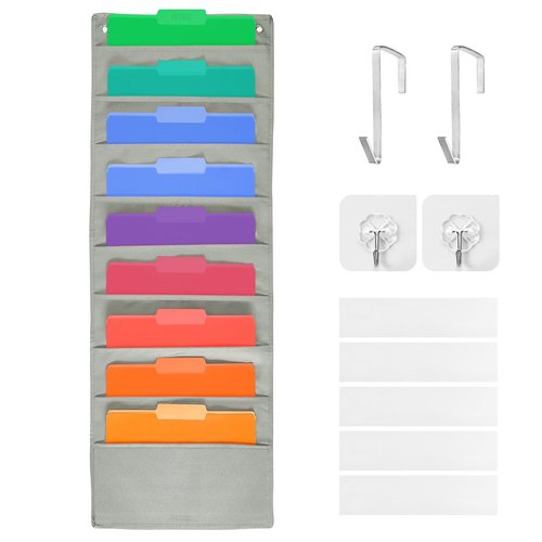 Hanging Wall File Organizer, Hanging File Folder Holder, Storage Center Pocket Chart for Paper Document, Pocket Chart for Office and Classroom, with door hanger and Adhesive hooks, 9 Pockets
