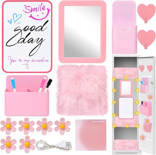 Skiennix 18 PCS Pink Locker Accessories Kit - Stylish Decor for Girls | Includes Whiteboard, Mirror, and Lights