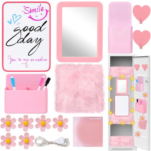 18 PCS Pink Locker Accessories Kit Back to School Locker Decorations Supplies for Girls Includes Whiteboard Mirror Organizer Markers Hook Rug String Lights Sticky Notes and Cute Flower Magnets