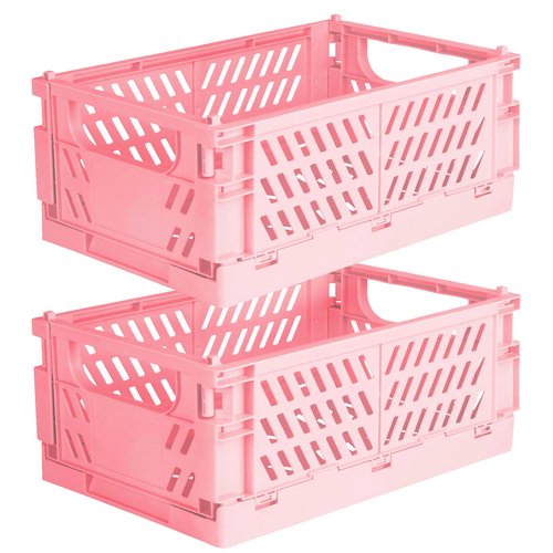 Tixill 2-Pack Mini Foldable Plastic Storage Box Mini Plastic Baskets for Organizing and Storage for Home Kitchen Bedroom Bathroom Office (16x11x6, Pink)