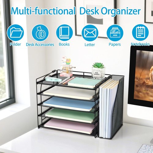 AUPSEN Desk Organizers and Accessories, 5-Tier Desktop Paper File Organizer with Removable File Holder, Desk Accessories & Workspace Organization for Home Office Supplies (Black)