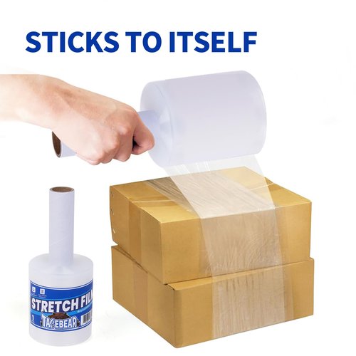 TAPEBEAR 12Rolls Stretch Wrap Film 4" x 1000Ft Shrink Wrap Roll with Handle, 60 Gauge Thick Durable Self-Adhering Clear Plastic Wrap Industrial Strength Pallet Shrink for Moving, Packing