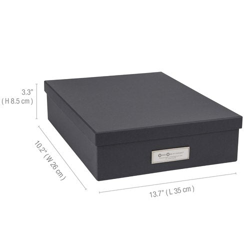 Bigso Oskar Fiberboard Label Frame Document Letter Box - File Organizer Box for Important Paperwork - Document Storage with a Lid & Metal Label Window - 3.3 in x 10.2 in x 13.8 in - Dark Grey
