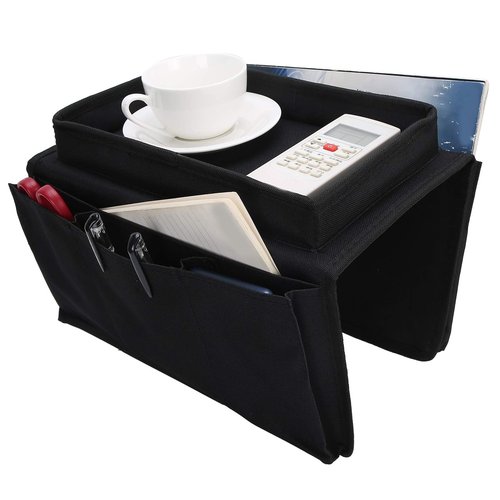 Sofa Armrest Organizer Caddy, 4 Pockets Couch Armchair Caddy TV Remote Control Holder Armchair Couch Bag with Cup Holder Tray for Snacks Glasses Smartphone Magazines(11.8x7.1x7.1in-black)
