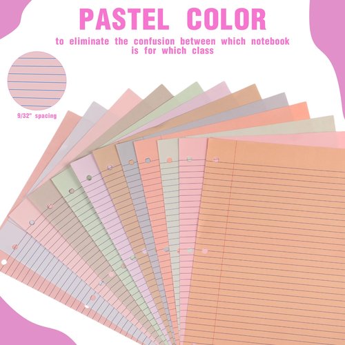 PerKoop 12 Pack 600 Sheets Colored Lined Paper Bulk College Ruled 8 x 10.5 Inches, Loose Leaf Notebook Paper 3 Hole Ring Punched Filler Back School Supplies, Line Spacing 0.7cm (Cute Color)