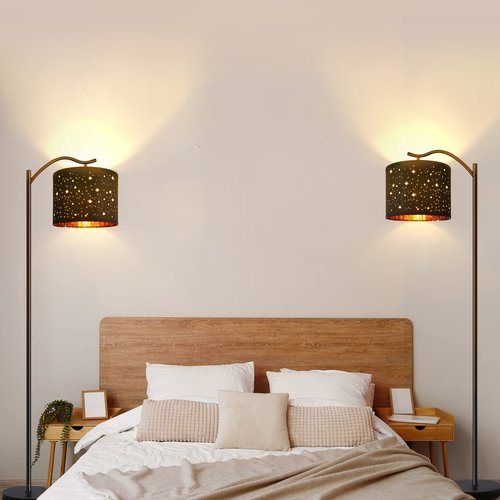 BoostArea Floor Lamp for Living Room,LED Arched Tall Modern Standing Lamp with Bohemian Linen Shade, E26 Socket, Footswitch,Black Mid Century Floor Lamp for Bedrooms,Office,Star Shade