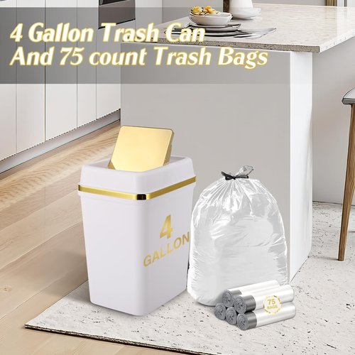 WSBArt Bathroom Trash Can with Lid 4 Gallon Trash Can with Swing Lid Small Garbage Can White Bathroom Garbage Can with 300 Counts Trash Bags for Kitchen Bedroom Office Dorm