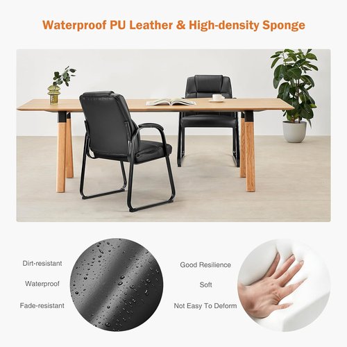 Sweetcrispy Waiting Room Guest Chair Set of 2, Leather Stationary Office Reception Chairs No Wheel, Comfy Padded Arms and Seld Base, for Conference Room Lobby Home Computer Desk Bedroom Elderly, Black
