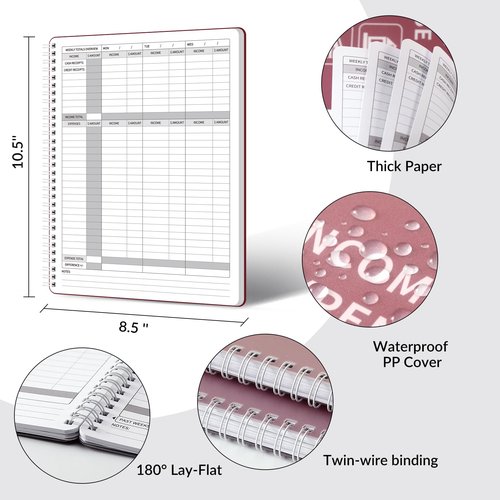 Income and Expense Log Book - Bookkeeping Record Book/Tracker/Small Business Ledger Book & Accounting, 8.5" x 10.5", Undated Record Book＆ Business Ledger, Durable Polypropylene Cover（Red)