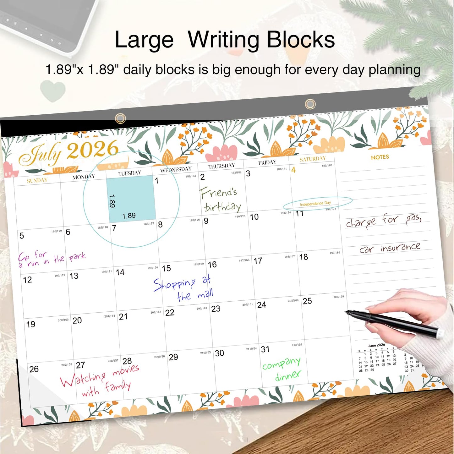 Desk Calendar 2026-2027 - 19 Month Desk Calendar july 2026-2027 Dec, 17" x 12", Large Monthly Desktop Calendar with Plastic Cover, Thick Paper, Corner Protectors - Floral (2 Stickers Included)