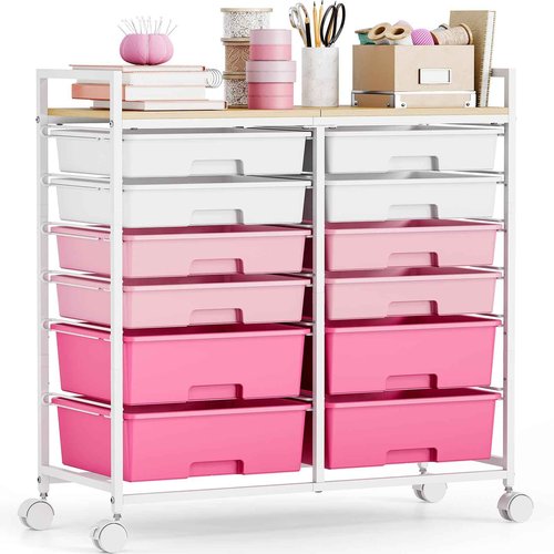 Rolling Storage Cart with 12 Drawers, Wooden Tabletop Utility Cart for Craft Storage, Art Supply Storage & Home Office Organization, Teacher Cart with Wheels for Classroom, School (Pink)