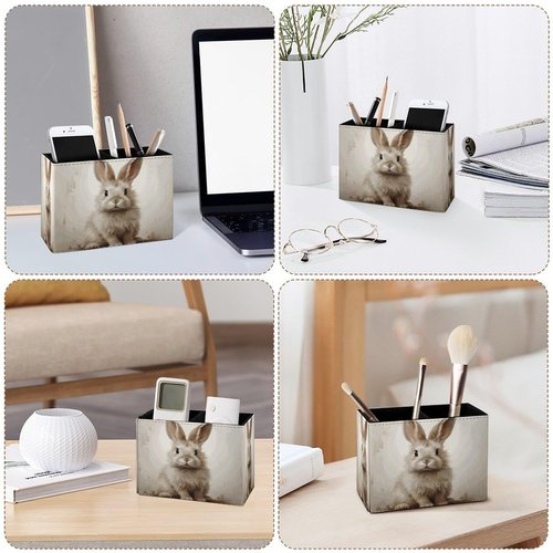 Famame Brown Rabbit Bunny Pencil Holder for Desk, Leather Desktop Container Pen Cup Storage Study Table Pen Organizer Makeup Brush Holder for Classroom Office Home