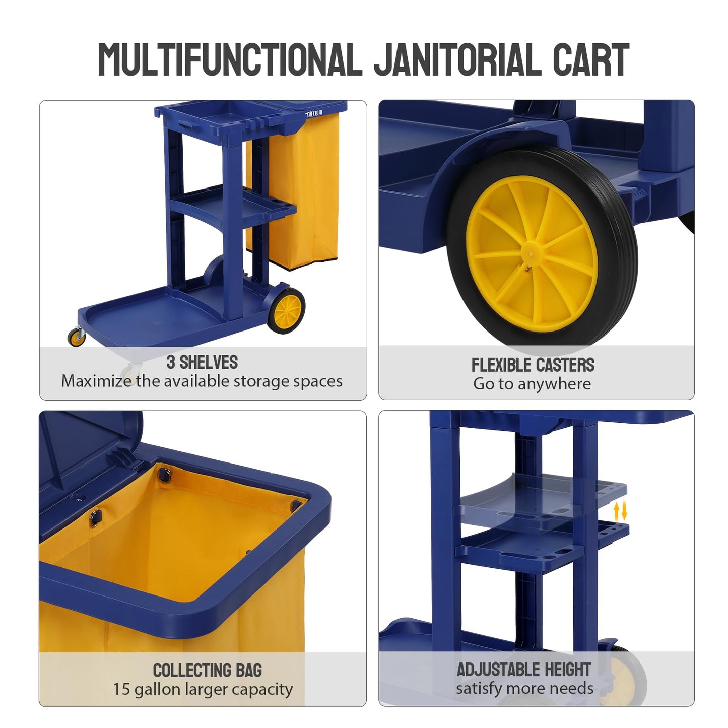 TUFFIOM Commercial Traditional Cleaning 3-Shelf Janitorial Cart, 500 Lbs Capacity Housekeeping Cart, Wheeled with Yellow VinylBag and Cover w Lid, Blue,